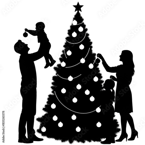 Silhouette of a family with two children decorating a Christmas tree together.
