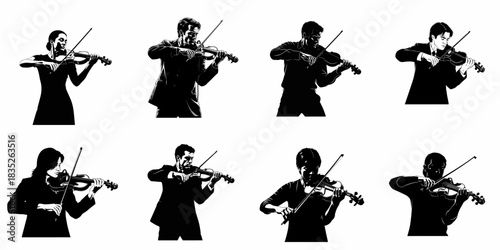 Set of Eight Black and White Vector Silhouettes of Male and Female Violinists Playing String Instruments, High-Contrast Musical Artistry