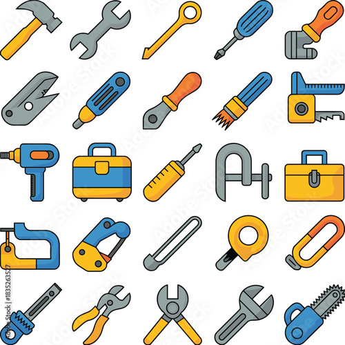 Flat design colorful tool icon set featuring hammers, screwdrivers, wrenches, saws, drills, toolboxes, measuring tools and essential handyman equipment