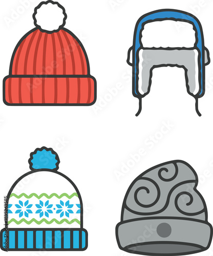  a red ribbed beanie with a white pompom, a blue and grey fur-lined trapper hat, a patterned knit cap with snowflakes, and a grey slouchy beanie with swirl designs.