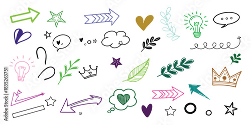 Playful Hand Drawn Doodle Vector Icons Featuring Arrows, Hearts, Stars, Speech Bubbles, and Nature Isolated on Transparent.