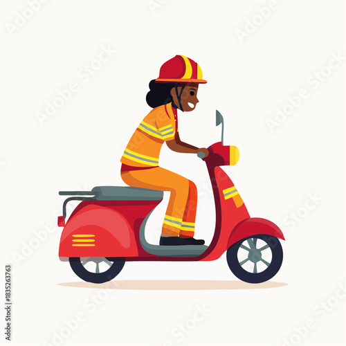 Determined female firefighter riding a red scooter in a bright studio setting.