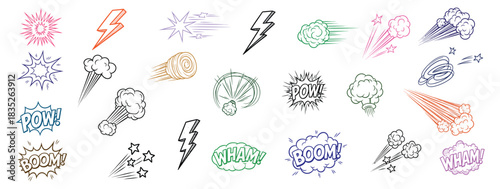 Comic speech bubble explosion set with flash, boom, pow, wham, cloud in various shapes and colors, hand-drawn doodle vector illustration.
