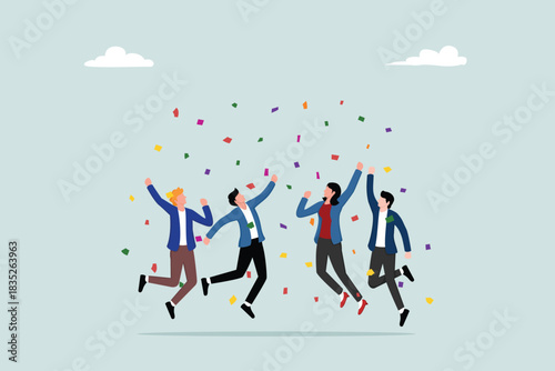 Business team success, staff or team happy to celebrate success working together, concept of diverse and enthusiastic people, office workers competing to celebrate success.