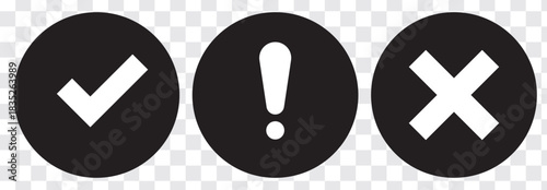 A simple set of vector notification icons for user interface design, featuring a green checkmark for success, a yellow exclamation point for a warning, and a red X for failure