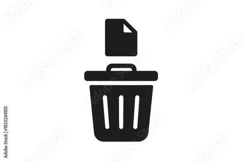 Deleting file icon with document moving into trash can, removing data from computer system, transparent background