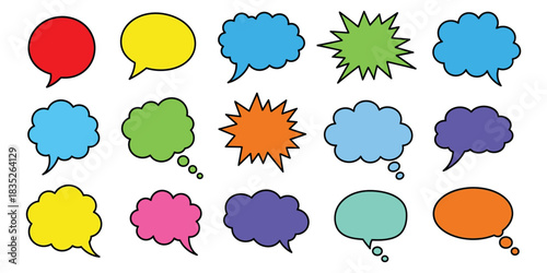 Set of Colorful Cartoon Speech Bubbles and Thought Balloons Isolated on Transparent Background for Kids' Books and Illustrations.
