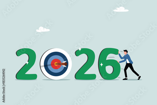 Goals or targets for 2026, achieving new year resolutions, development planning, business opportunity goals, entrepreneurs with 2026 numbers and targets with arrows on target.