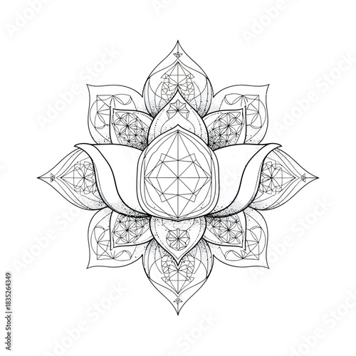 Detailed sacred geometry lotus flower illustration, symbolizing spiritual purity, enlightenment, and peaceful harmony, perfect for meditation and mindful design concepts
