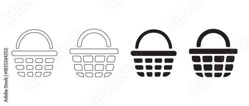 Shopping basket icon set, outline and filled styles for e-commerce.