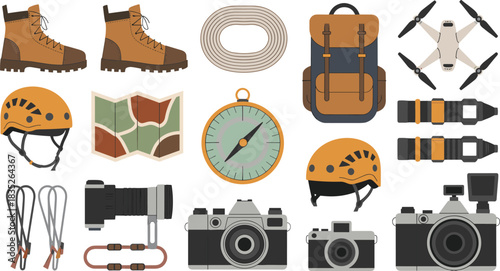 Flat design outdoor adventure gear illustration set featuring hiking boots, backpack, helmet, compass, map, ropes, drone, cameras, essential travel equipment