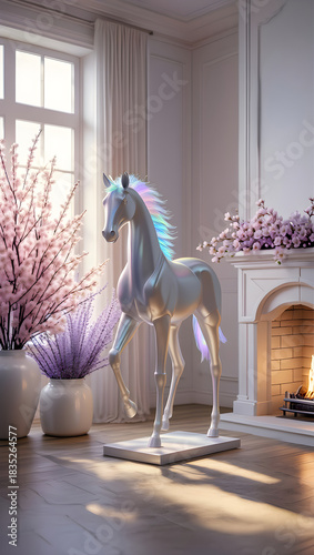 Iridescent horse sculpture bringing fantasy to pastel interior