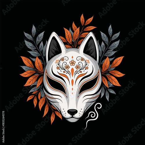 Vector illustration of a mythological Japanese Kitsune fox mask, a traditional spirit head surrounded by ornate foliage