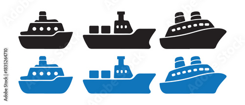 Set of ship icons. cruise, cargo, passenger ferry in blue and black.