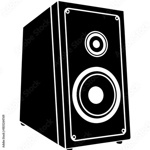 A professional black audio speaker system featuring high-fidelity stereo sound and deep bass woofer technology, designed as a modern electronic entertainment object for studio and musical equipment