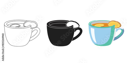 Three Hot Beverage in a Mug with lemon slice, including outline, silhouette, and color versions