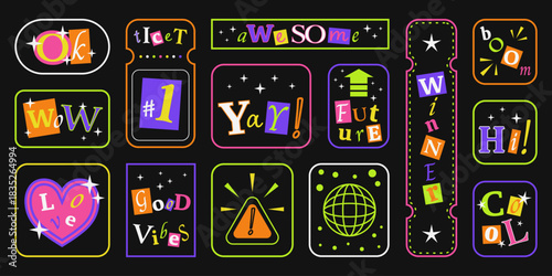 A bold Y2K style sticker set with neon frames, playful cutout letters, dynamic 2000s shapes, and fun retro vibes. Vector design elements.