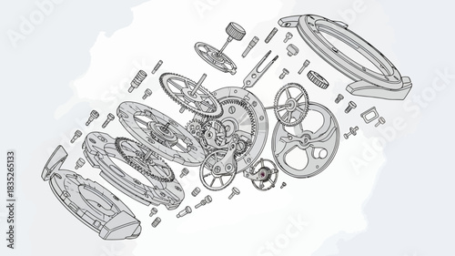 Exploded view of a mechanical watch showing gears, springs, balance wheel, case and screws in precise engineering vector style.