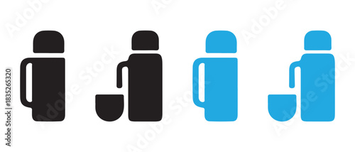 Thermos bottle and cup icon set. travel, hot drinks, outdoor.