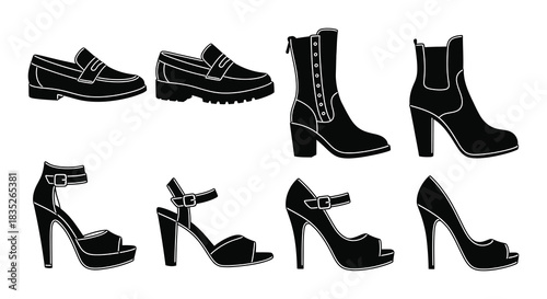 Silhouette illustrations of various women s and men s shoe styles displayed