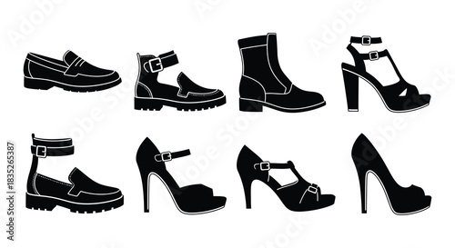 Silhouette illustrations of various women s and men s shoe styles displayed