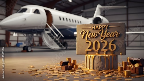 Happy new year 2026 celebration with private jet and gold decorations