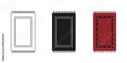 Three Prayer Rug icons in outline, solid black, and solid red color variations
