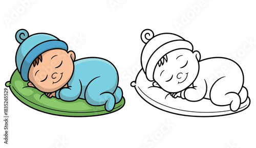 A cute baby sleeping peacefully on a pillow, depicted in both a colored illustration and a line drawing for coloring.