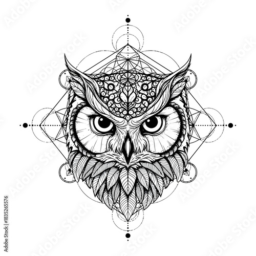 Intricate Geometric Owl Tattoo Design with Sacred Geometry Elements