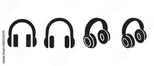 Modern black headphone audio music sound vector icon set design.