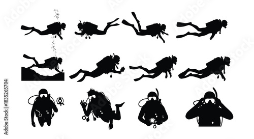 Silhouettes of scuba divers swimming and exploring underwater life