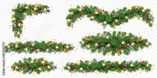 Collection of vector pine tree garland, golden and silver ribbons, berries and lights isolated on a transparent background. Holiday Christmas tree border for winter decor