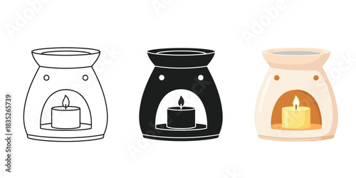 Three Aroma Lamp icons showing outline, silhouette, and colored illustration of a candle burner