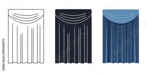 Three Curtain showing outline, silhouette, and colored blue stage drapery for theater or performance concept