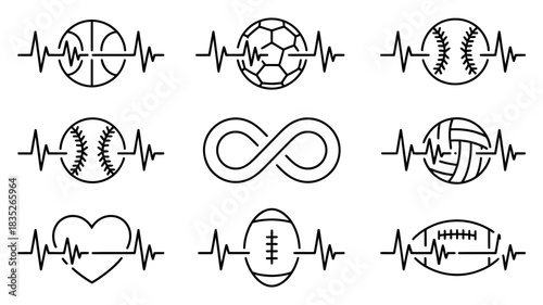 Heartbeat Sports Vector. EKG Line with Game Ball Icons for Football, Basketball, Soccer, and More