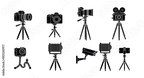 Collection of vintage and modern camera silhouettes with various tripods