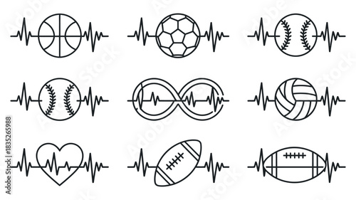 Heartbeat Sports Vector Illustration with EKG Line and Various Game Ball Icons Collection