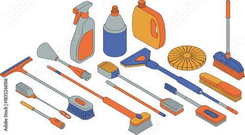 Isometric cleaning supplies illustration featuring brushes, mops, spray bottles, detergent containers, scrubbing tools, household cleaning equipment set for sanitation tasks