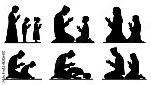 Silhouette of Muslim Families Praying Together in Various Poses Black and White