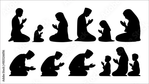 Silhouette of Muslim Family Praying Together in Traditional Attire