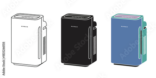 Three Air Purifier icons in outline, solid black, and color blue variations