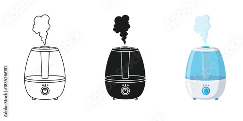 Three Ultrasonic Humidifier Emitting Mist In outline, silhouette, and color vector styles
