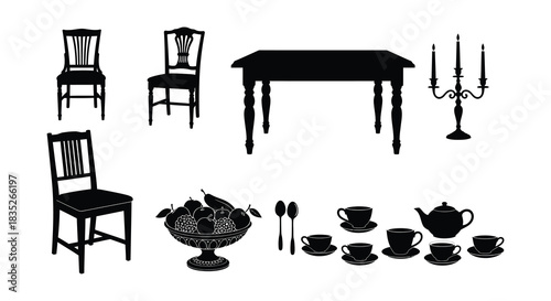 A classic black silhouette scene of dining furniture and a still life