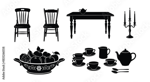 A classic black silhouette scene of dining furniture and a still life