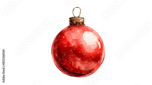 Single red Christmas ornament ball in watercolor style isolated on white background