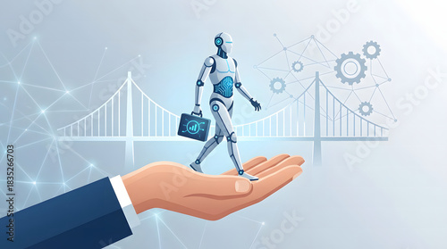 Robot walking on a hand with bridges and network connections in the background holding carrying
