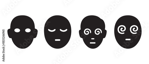 Abstract face icons showing mental states awake, sleepy, dizzy.