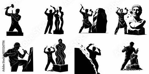 Vector silhouettes of sculptors carving stone and marble busts, demonstrating artistry and creation.