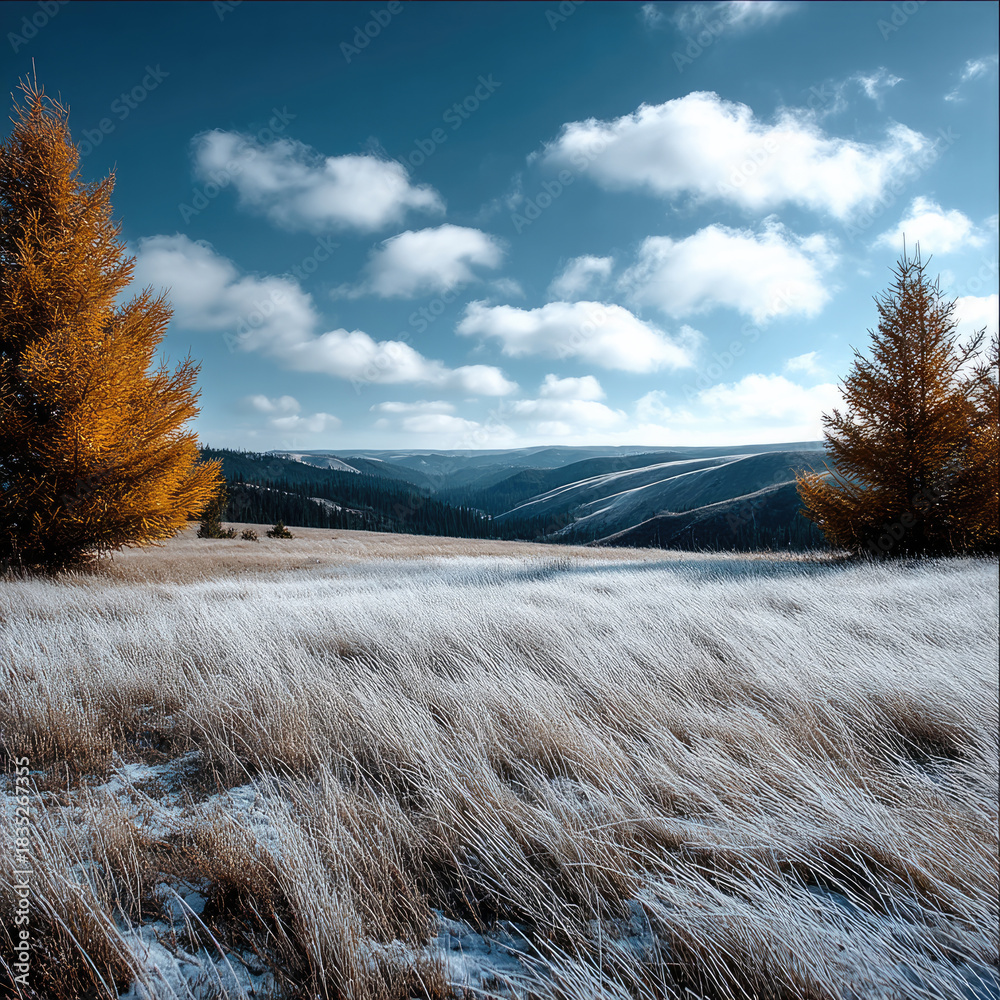 Fototapeta premium Golden autumn trees and frosty grass under blue sky with clouds, mountain landscape, peaceful and serene nature scene