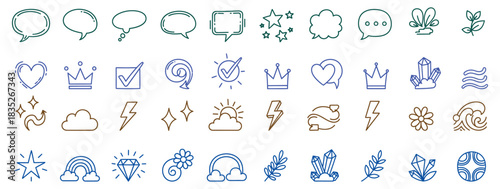 Set of decoration design elements, line style such as speech bubble crown, lightning leaf, flower heart, rainbow star, and abstract shape.